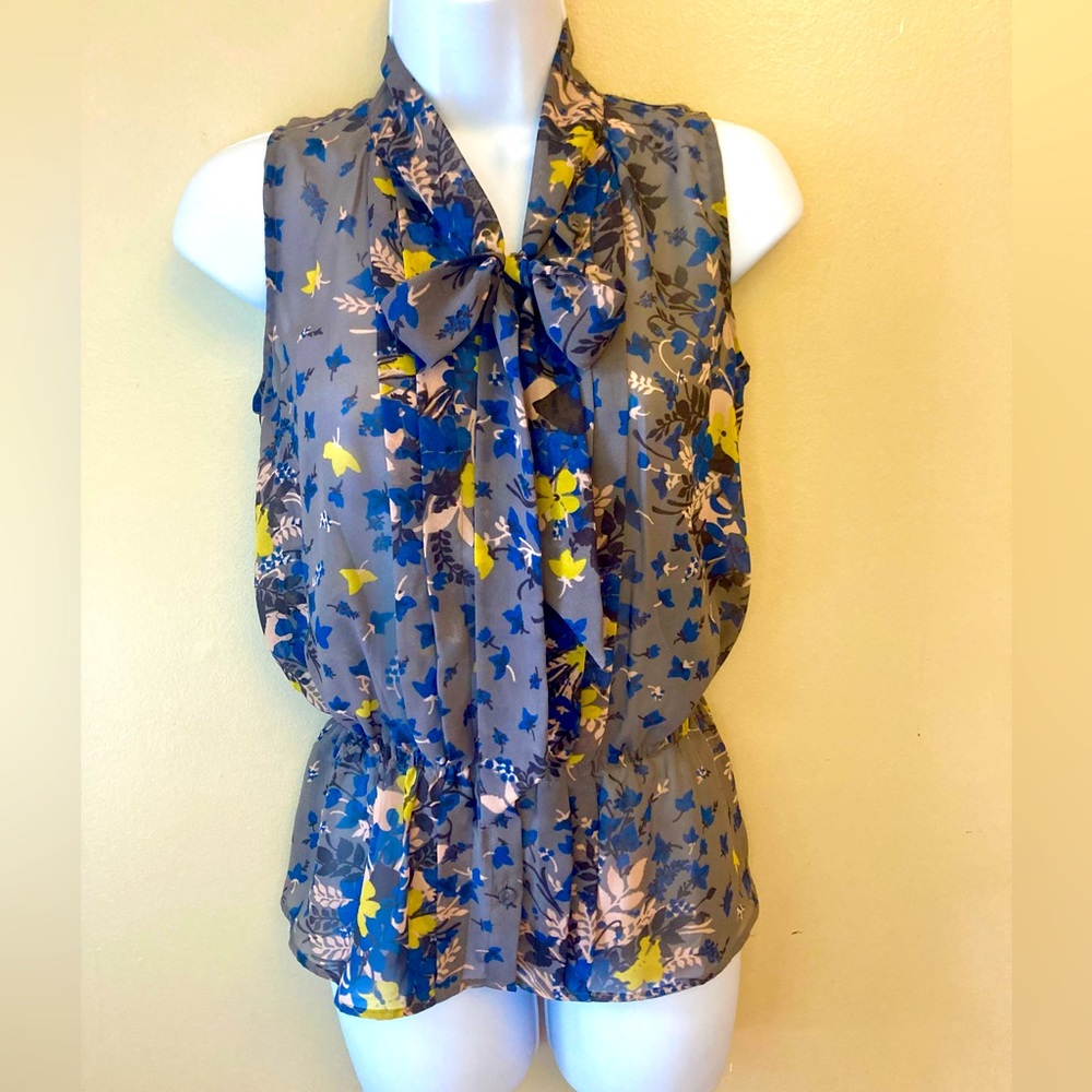 LOFT chiffon sleeveless blouse with bow tie neck and elastic waistband XS PETITE